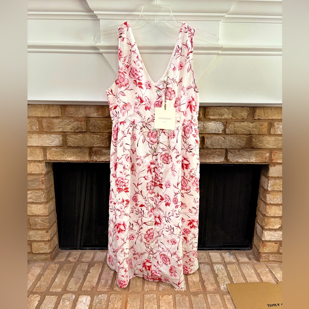 Cynthia Rowley Pink Floral midi Dress 100% linen with pockets| Size 6